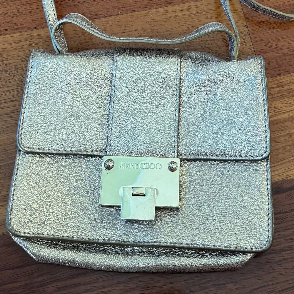 Jimmy Choo Rebel Mini Glitter Silver Leather Cross Body Bag Gold Snap